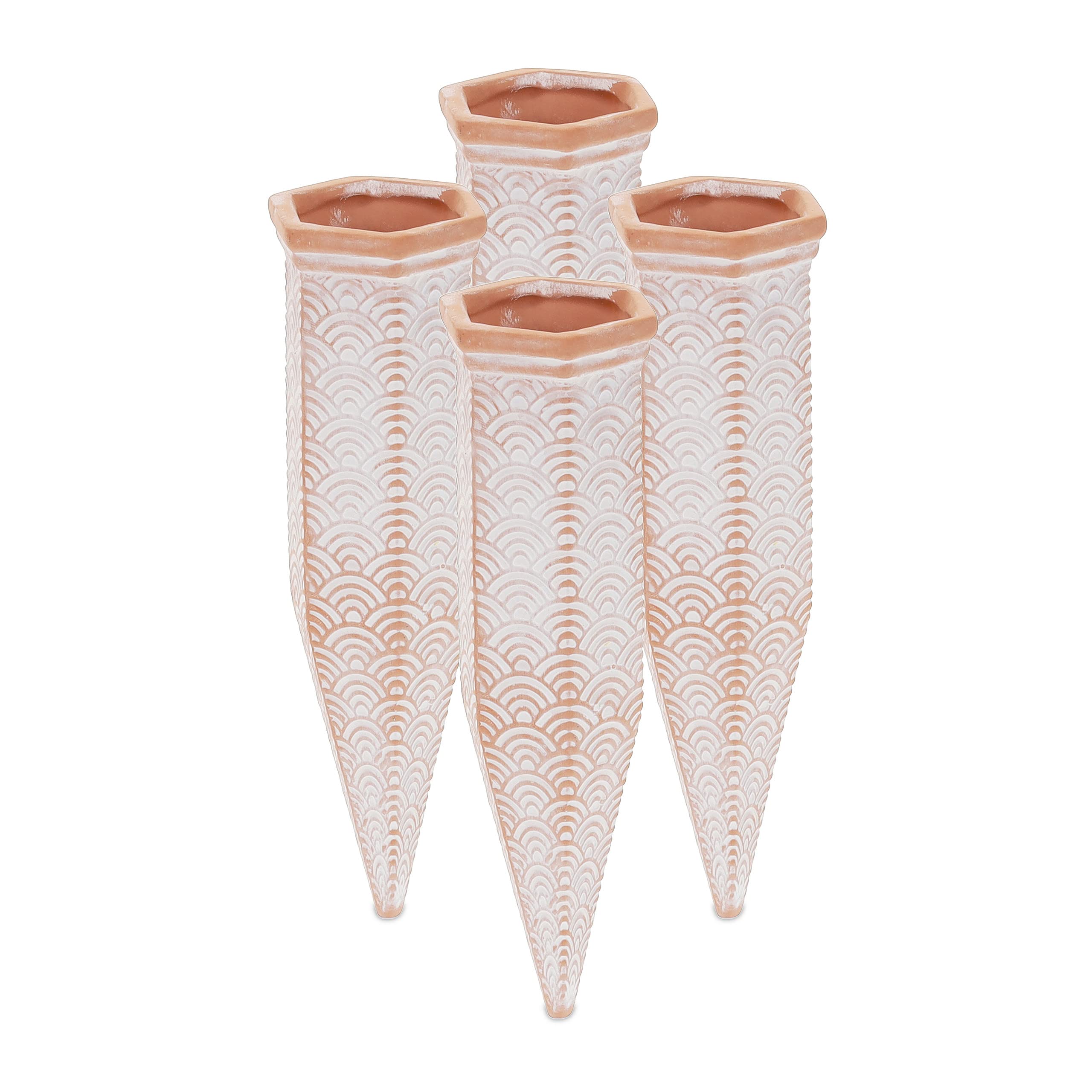 Relaxdays Clay Watering Spikes, Set of 4, Stakes for 1.5 L Plastic Bottes, Indoor & Outdoor Plants, Terracotta/White