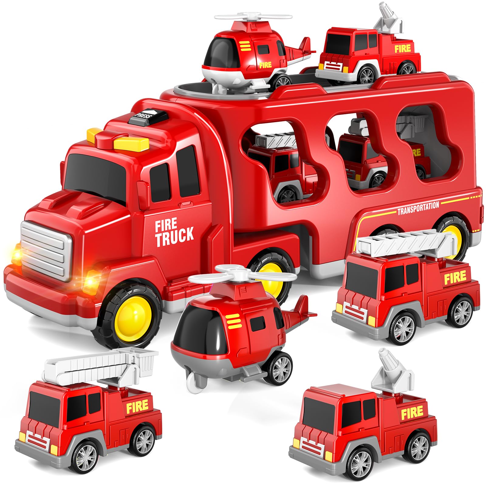 BLmukce Todder Truck Toys, 5 in 1 Fire Engine Trucks for Toddlers 1 2 3 Boys & Girls, Friction Power Car Carrier Transport Vehicle for Kids 4 5 6 Years Old with Light & Sound, Kids Birthday Gifts