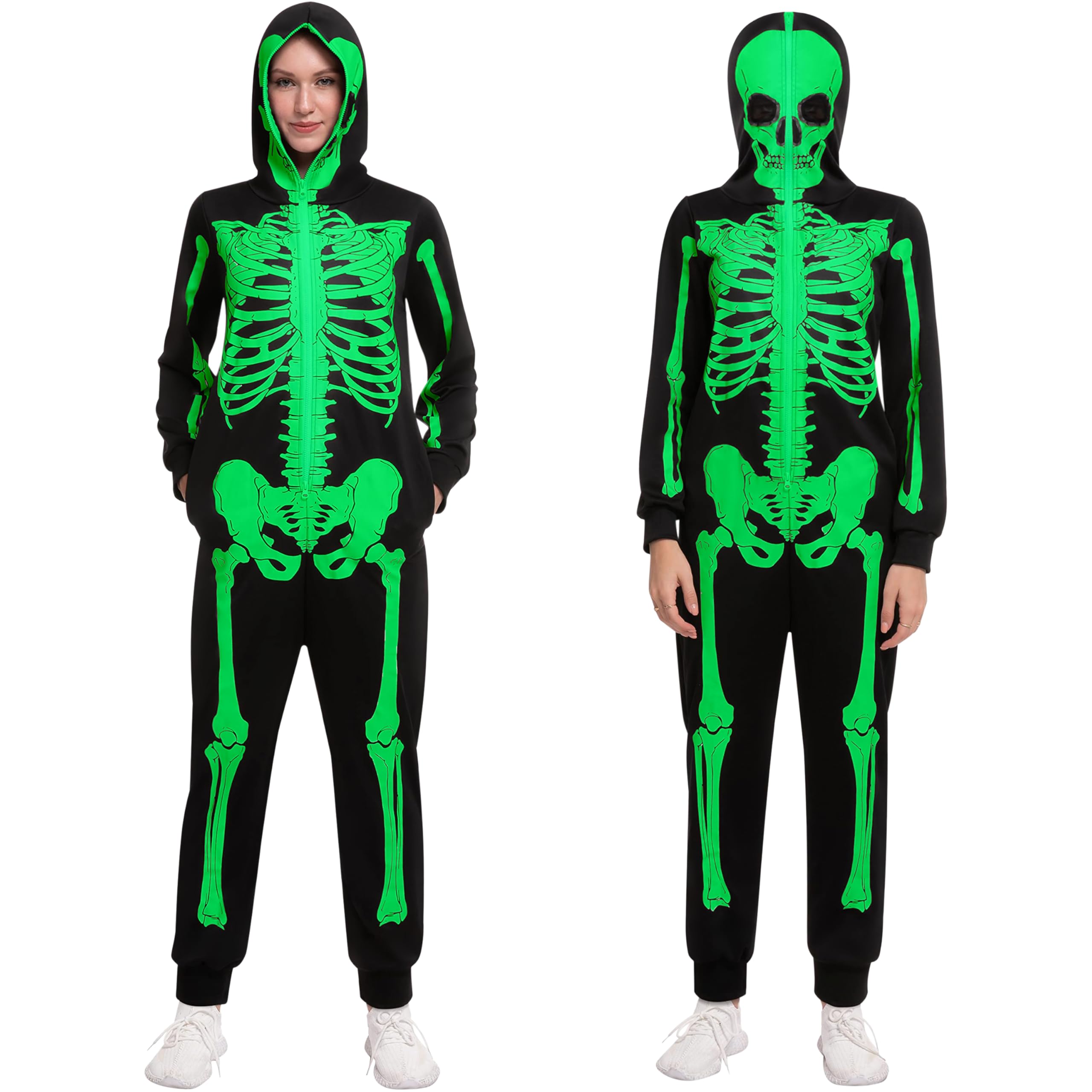 Spooktacular Creations Women Skeleton Jumpsuit Glow in the Dark Costume Cute Halloween Costume for Dress Up Party Role Playing Themed Parties Black (X-Large)