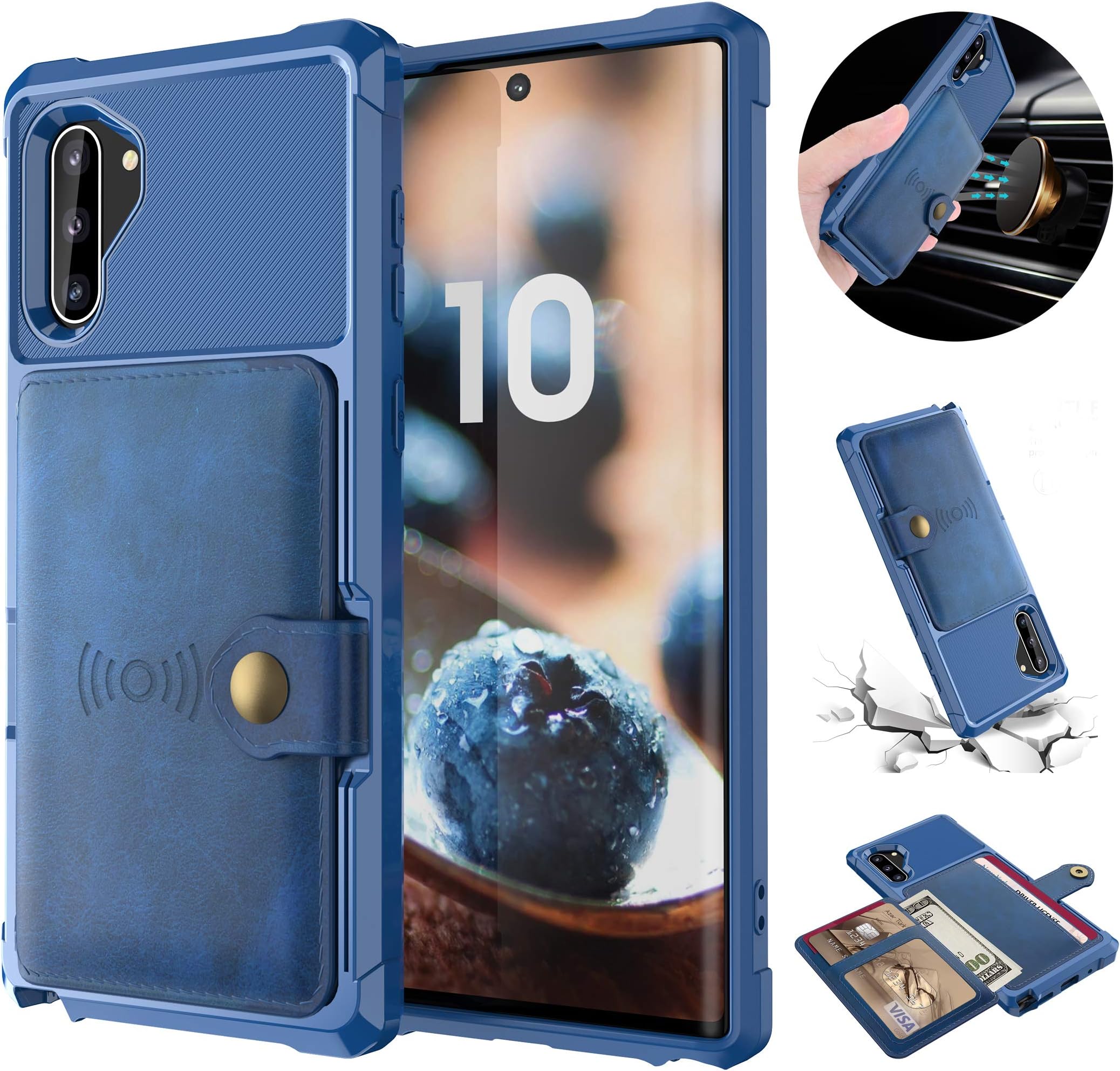 Tznzxm Galaxy Note 10 Wireless Charging Wallet Case with Credit Card Kickstand Rubber Buttons [Work with Magnetic Car Mount] Durable Flip Shockproof Protective Cover for Samsung Galaxy Note 10 Blue
