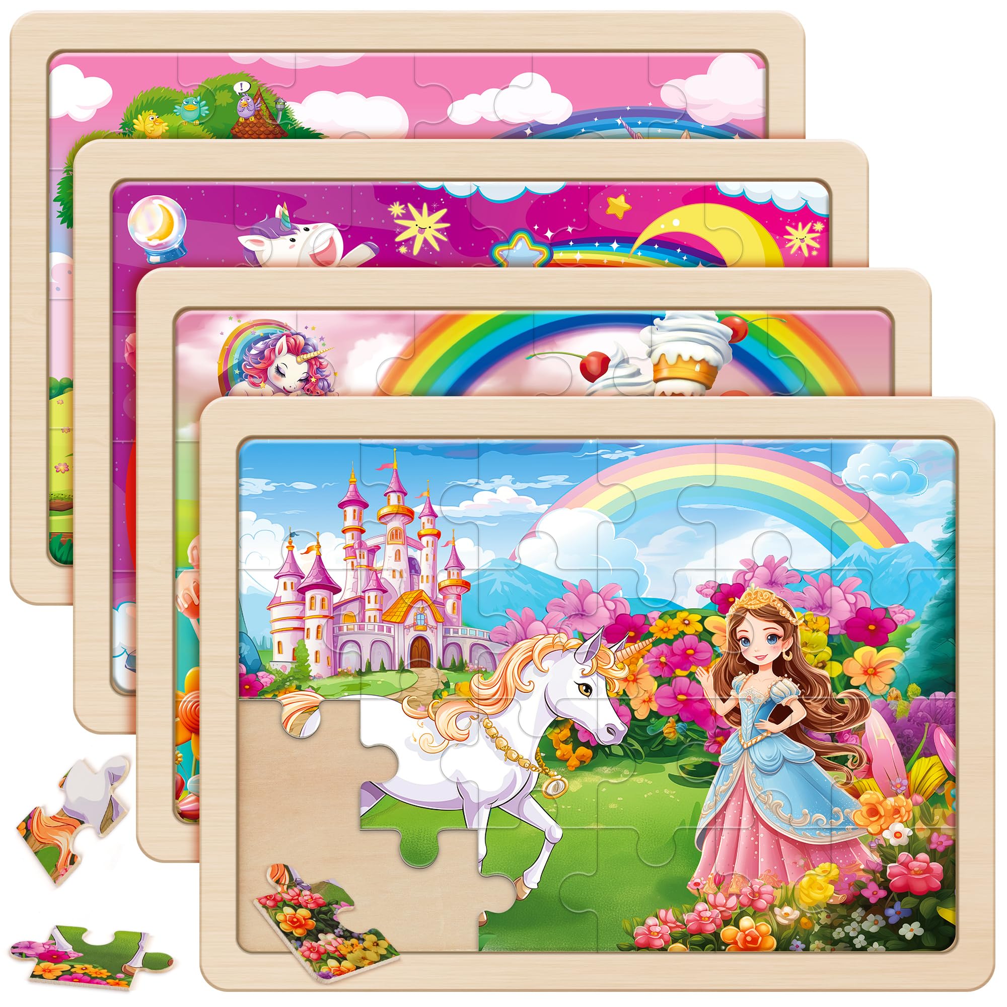 SYNARRY Unicorn Princess Fairy Wooden Jigsaw Puzzles for Kids 3 4 5 6 Year Olds, 4 Packs 24 Piece Girls Puzzles Age 3 4 5 6, Unicorn Princess Toys Gifts for Toddlers Children — image 1