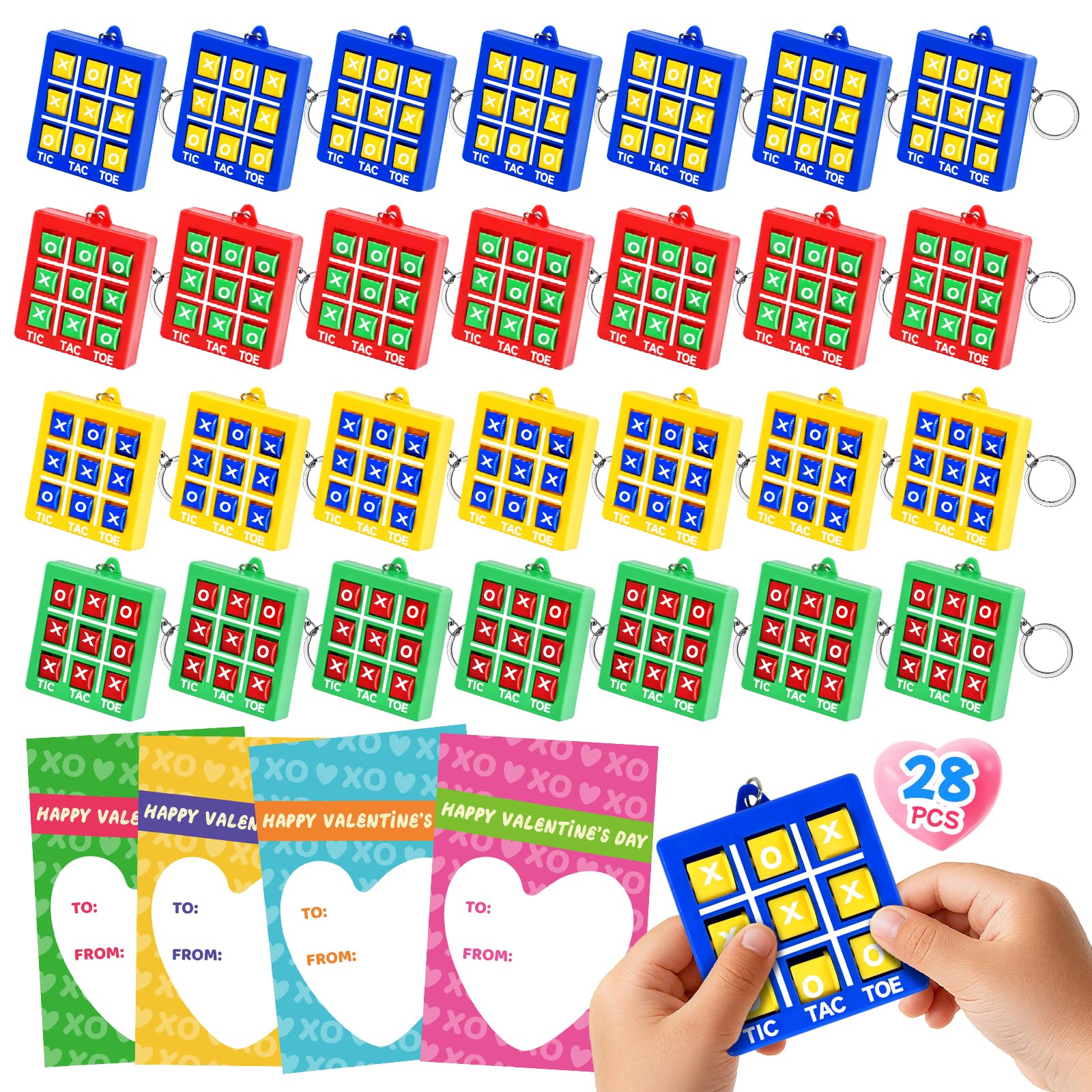 Photo 1 of 28 Pcs Valentine’s Day Gift Mini Tic Tac Toe Game Keychains Bulk with Greeting Cards for Kids Handheld Fidget Party Favors Goodie Bag Stuffers School Gifts Exchange Classroom Prizes for Boys and Girls