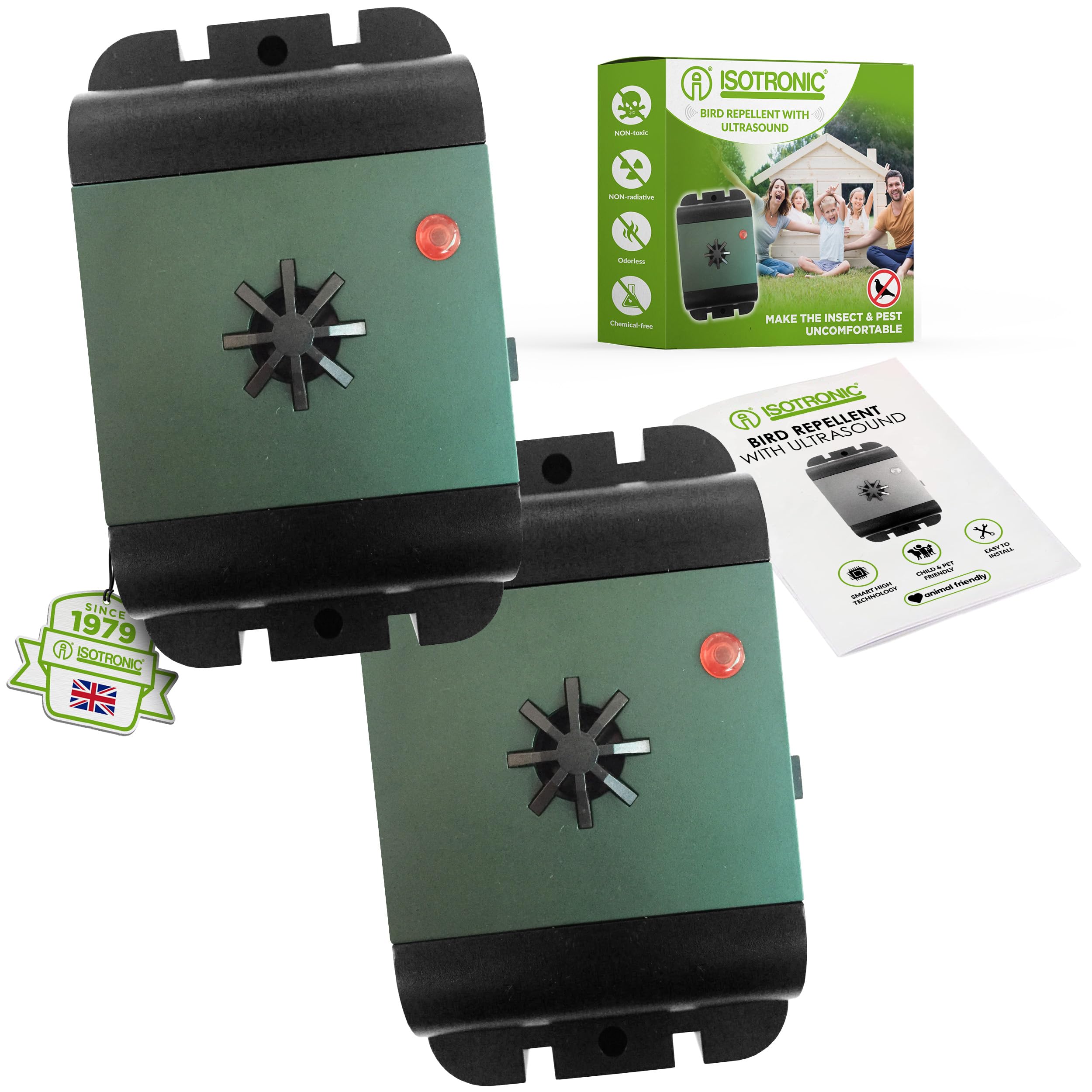 ISOTRONIC® Ultrasonic Bird Repeller device, Battery powered portable Bird Deterrent, Scarer - Pack of 2 Pcs.