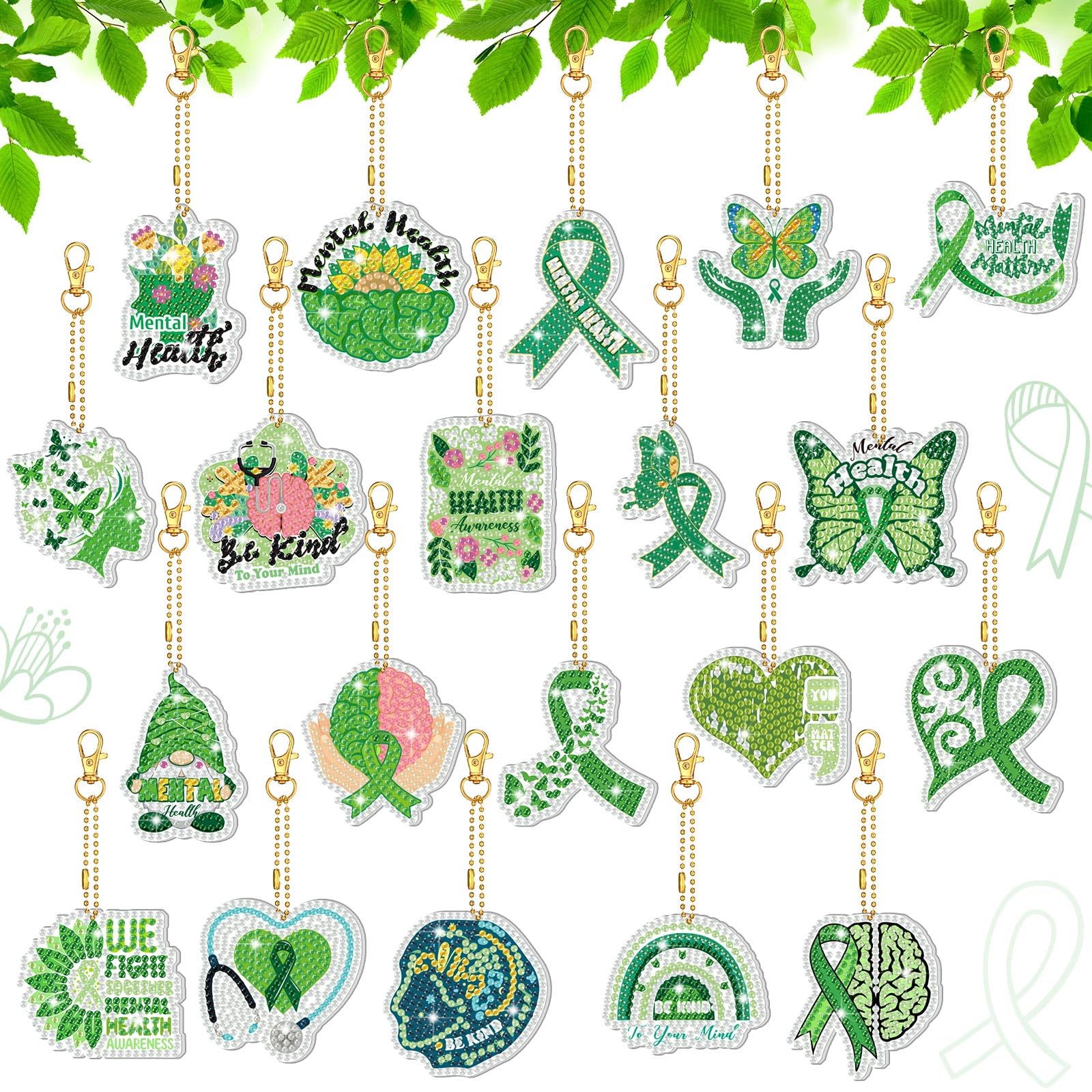 Photo 1 of 20 Pcs Mental Health Awareness Diamond Painting Keychains Green Ribbon DIY Diamond Art Keychain Kits Mental Health Art Ornaments for Inspirational Women Men