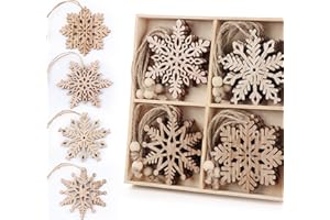 ilauke 20 pcs Unfinished Christmas Wood Snowflake Ornaments - 4 Style of Snowflake Ornaments Bulk with Twine, Christmas Tree Decorations Tags(2.75"-3.15")
