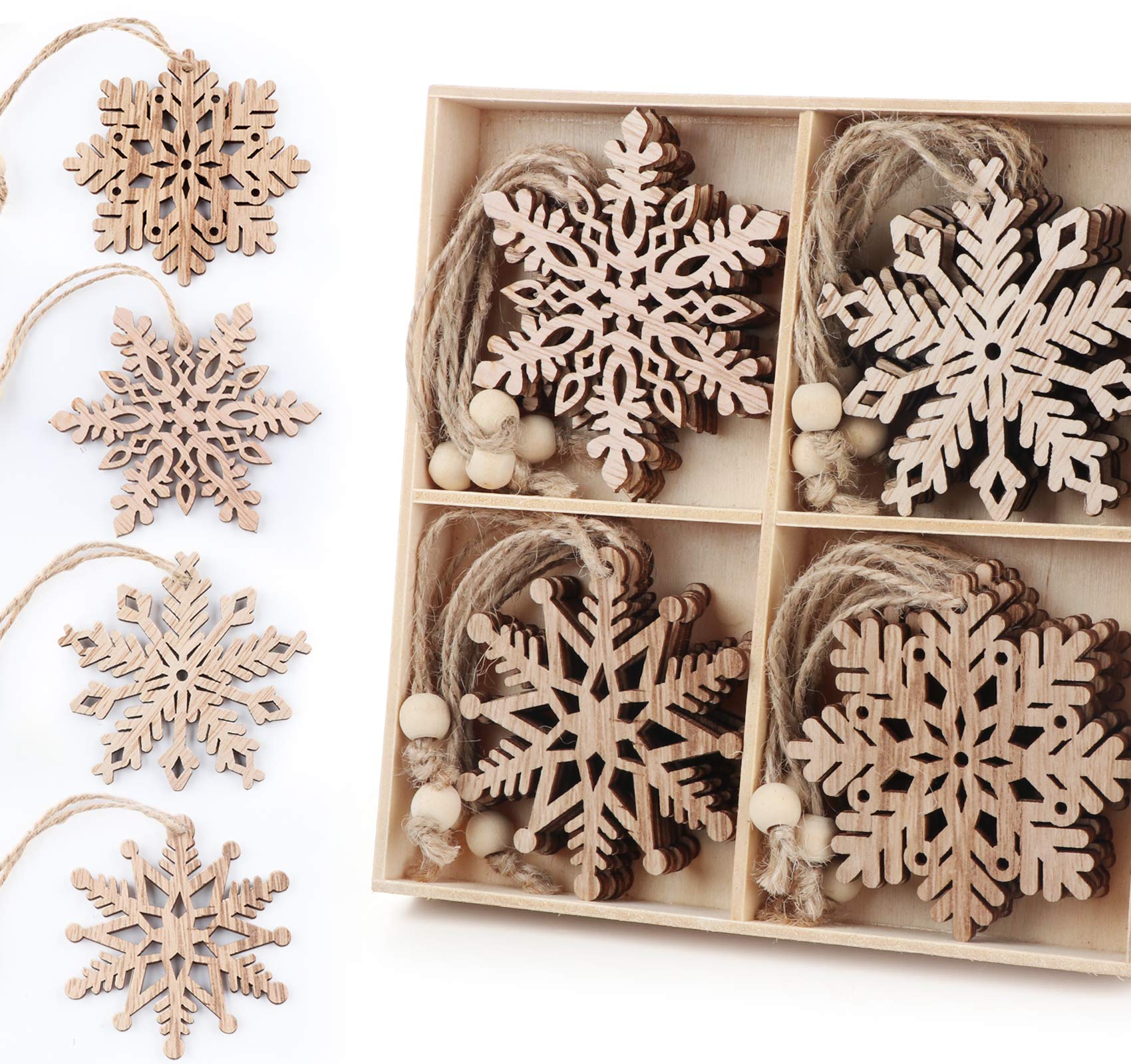 20 PCs Wooden Snowflakes - 4 designs (5 pieces/design) Snowflakes Christmas Tree Decorations Pendants Wood with Jute String as Christmas Decorations, Christmas tree decorations, Wood crafts.