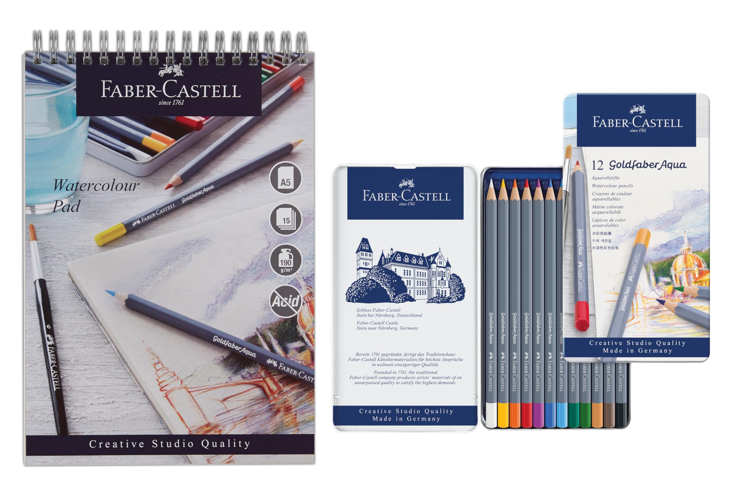 Faber-Castell Goldfaber Aqua, Watercolour Pencils, Tin of 12 & Watercolour Pad, A5, Spiral Bound Paper, 190gsm, 15 Sheets, Art, Drawing, Sketching