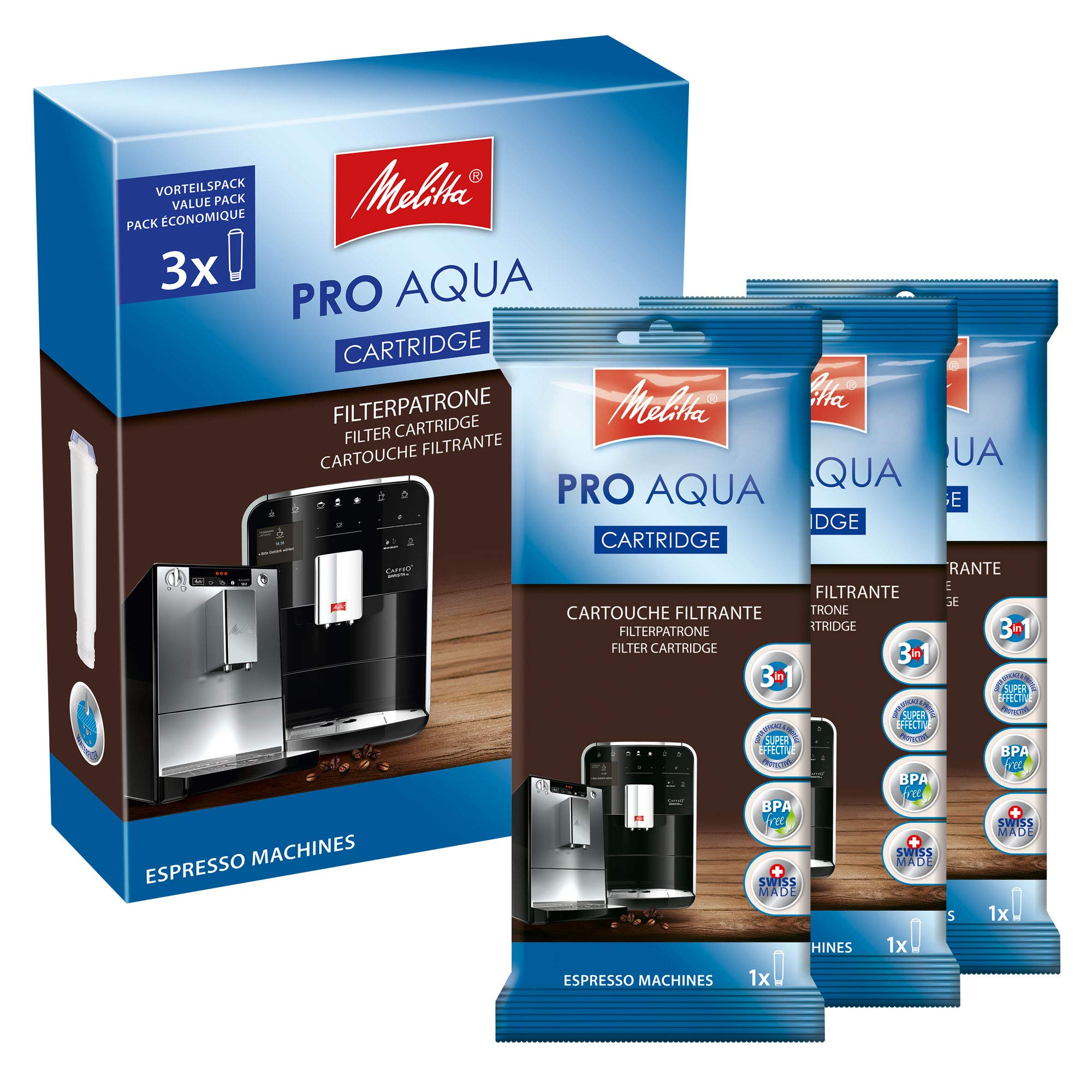 Melitta Pro Aqua Filter Cartridges (3 Cartridges) - Limescale Filter for Fully Automatic Coffee Machines, Prevent Limescale Deposition & Reduce Pollutants for The Best Coffee Taste