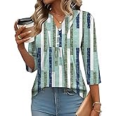 IECCP 3/4 Length Sleeve Womens Tops Dressy Casual Henley V-Neck Summer Tops Pleated T-Shirts Loose Fit Work Blouses