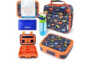 kinsho Bento Lunch Box with Insulated Bag, Water Bottle&Ice Pack Set for Kids Toddlers,5 Portion Sections, BPAFree Removable Tray, PreSchool Kid Toddler Daycare Lunches, Snack Container,Blue Dinosaur