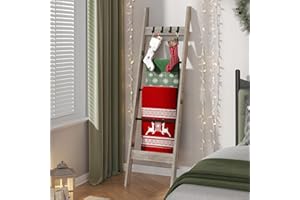 Hzuaneri Blanket Ladder Shelf for Living Room, Decorative Quilt Rack with 4 Removable Hooks, Farmhouse Ladder Holder Organize