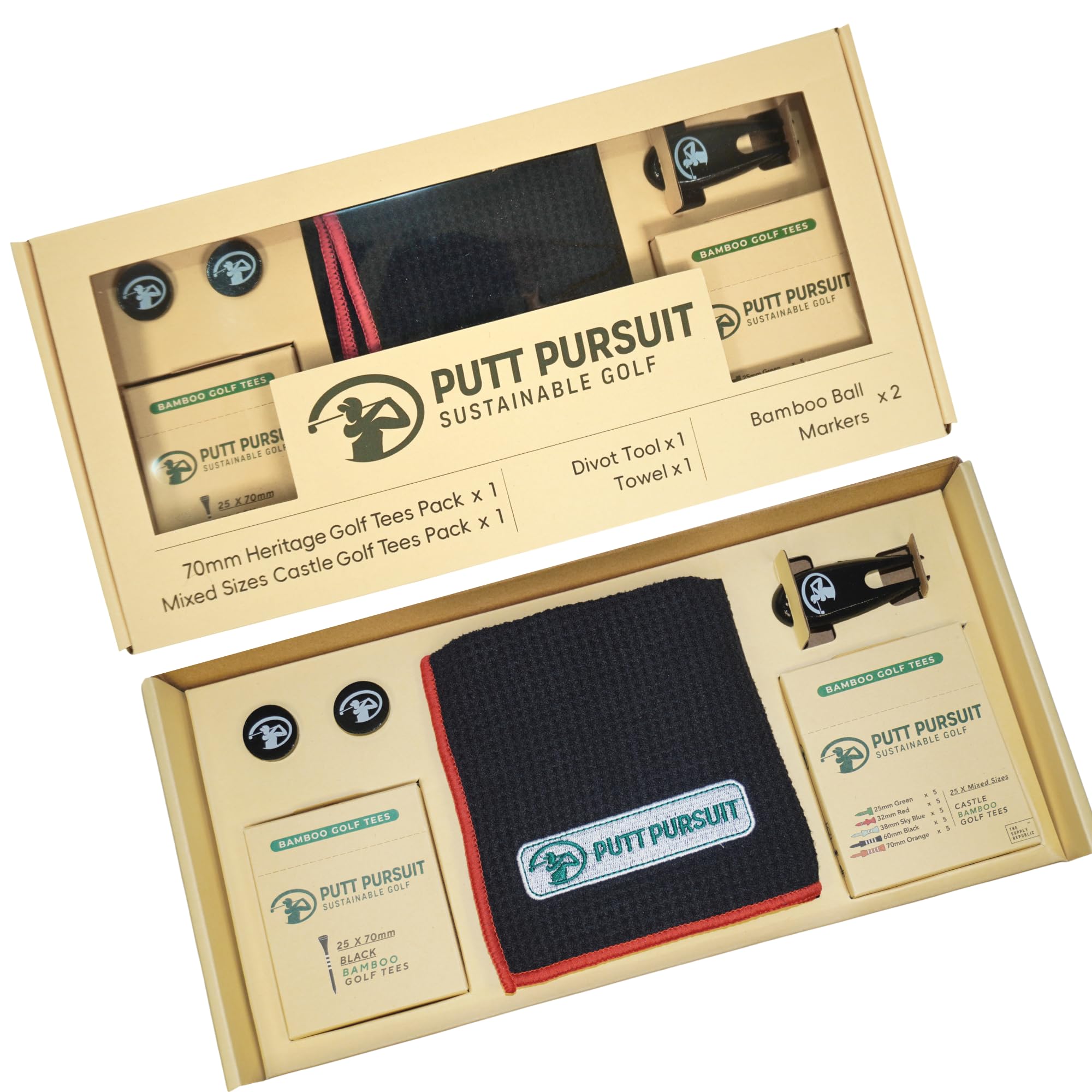 Golf Gift Set - Golf Accessories for Men - Golf Gifts for Men Women - 70mm Bamboo Golf Tees - Bamboo Divot Tool - Golf Towel & 2 Golf Ball Markers - Golf Tee Wooden - Castle Tees Golf 25, 32, 38, 60mm