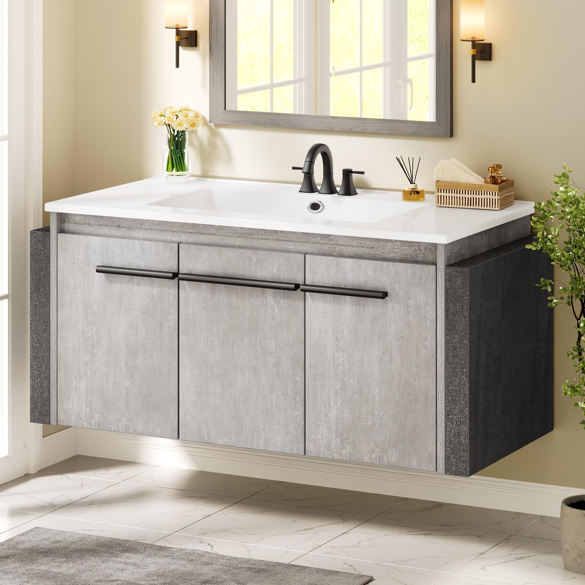 Photo 1 of DWVO Modern 36" Bathroom Vanity with Sink Combo, Wall Mounted, White + Gray, 2 Soft-Close Doors, 1 Large Storage Cabinet, Ceramic Sink, Bathroom Storage