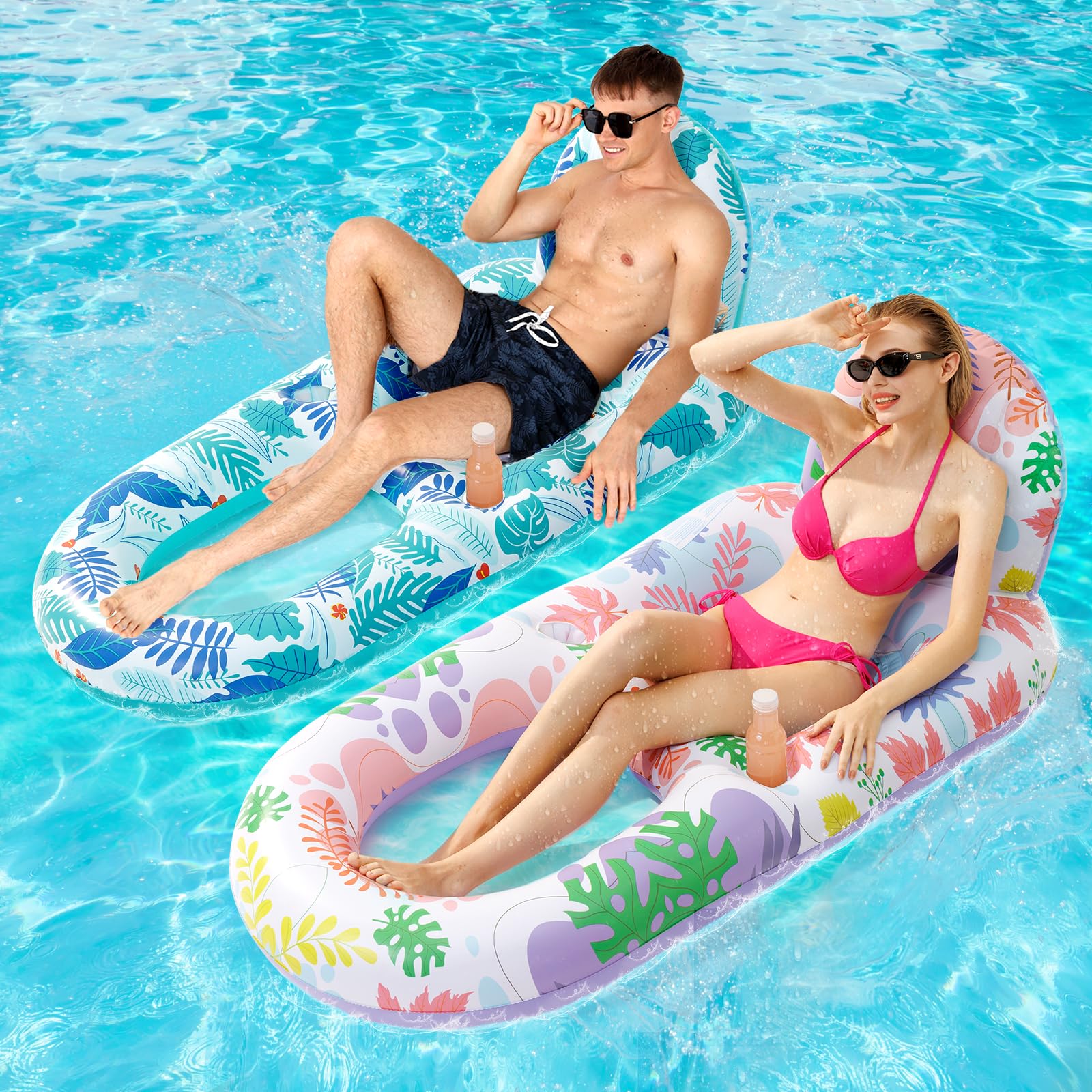 Photo 1 of 2 Pack Pool Floats Adult Heavy Duty-Adult Pool Float Lounger with Cup Holders, Backrest & Footrest Pool Lounge Float Pool Floaties Rafts for Beach Lake Party(Pink, Blue)