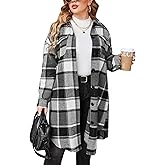IN'VOLAND Womens Plus Size Flannel Plaid Shirts Long Sleeve Lounge Lapel Boyfriend Button Down Tartan Long Jacket Coats