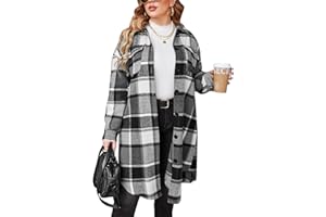 IN'VOLAND Womens Plus Size Flannel Plaid Shirts Long Sleeve Lounge Lapel Boyfriend Button Down Tartan Long Jacket Coats