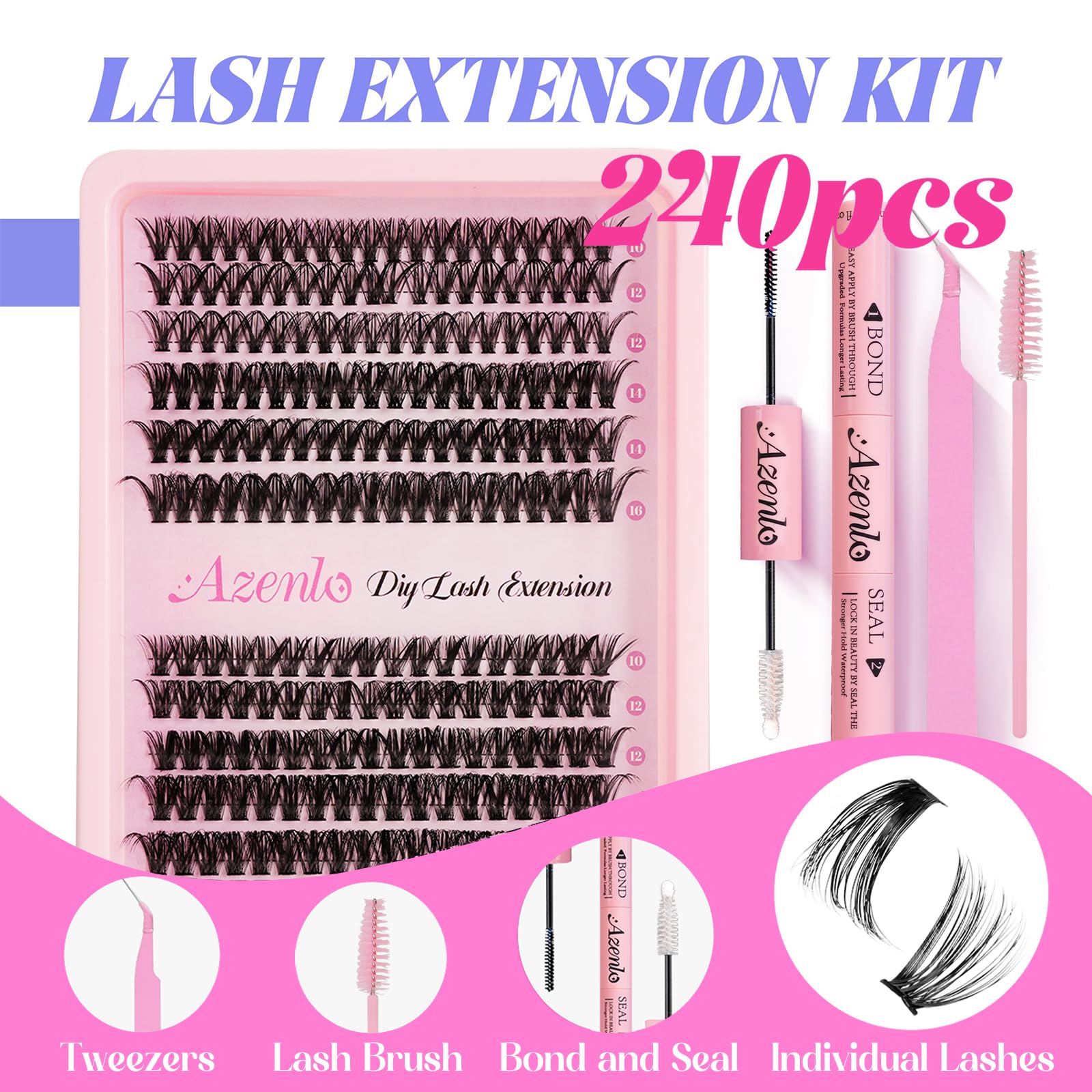 Azenlo Lash Extensions 40D+60D Cluster 240pcs DIY Lash Clusters 10-16mm Eyelash Clusters Individual Think Band Lash Kit (40D+60D Kit)