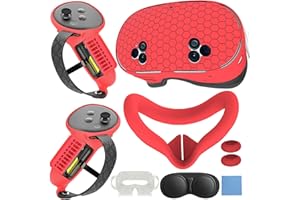MLEMONVR 7in1 VR Silicone Cover Set Accessories Compatible with Meta/Oculus Quest 3s Included Upgrade Battery Opening Controller Grips, Headset Shell Cover Silicone Face Cover (Red)