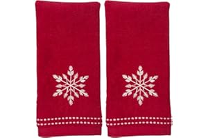 Serafina Home Christmas Bath Fingertip Towels, Red with White Embroidered Snowflake, 2 Piece Set, 12 x 18 inches, 100% Cotton,for bathrooms & Kitchens