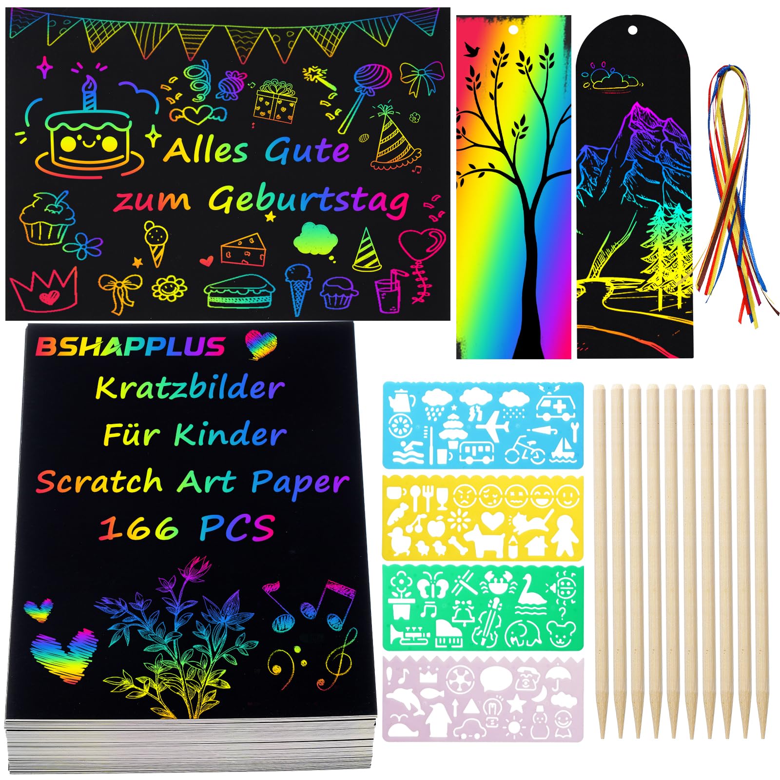 Scratch Art for Kids, 166 Pcs Rainbow Scratch Craft Sets with 130 Black Doodle Papers(19x13 cm), 10 Bookmarks, 4 Stencils, 12 Ribbons and 10 Wooden Pens, Classroom Birthday Bag Filler Gift Over Age 4