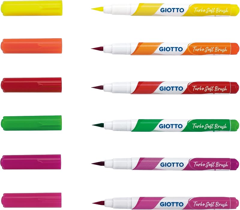 Turbo Soft Brush, Rotuladores con punta de pincel, Punta de Pincel soluble al agua, Colores Fluo Surtidos, 6 unidades