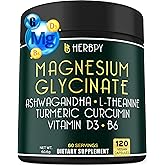 Herbpy 6in1 Restful Day and Night Supplement with Magnesium Glycinate, Vitamin D3, B6, L-Theanine, Ashwagandha and Turmeric Root - Brain, Heart and Digestive Health Support - 120 Vegan Capsules