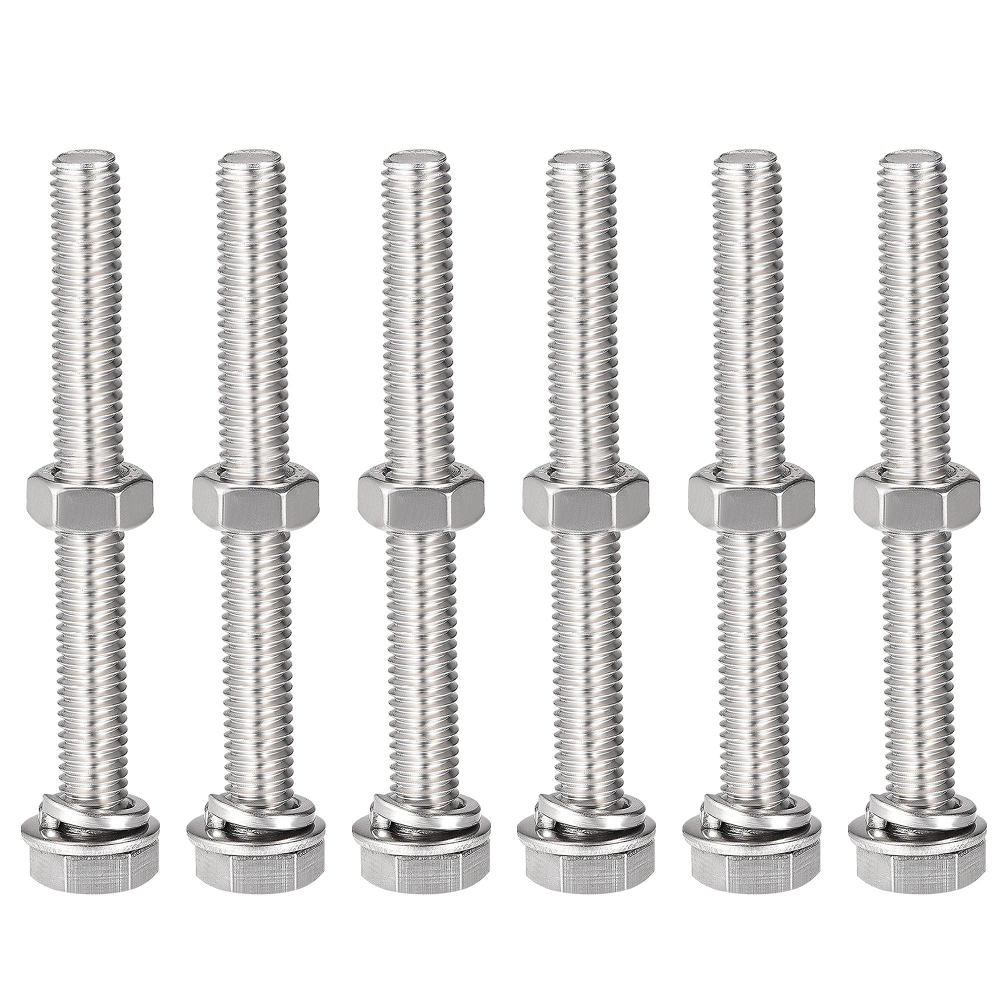 sourcing map M8 x 70mm Hex Head Screws Bolts, Nuts, Flat & Lock Washers Kits, 304 Stainless Steel Fully Thread Hexagon Bolts 6 Sets — image 1