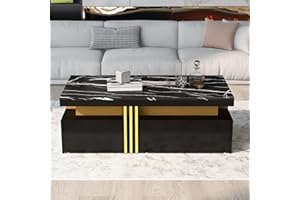 Luxury Modern Marble Coffee Table with 2 Drawers, High Gloss Black Rectangular Center Table with Gold Trim, Elegant Minimalis