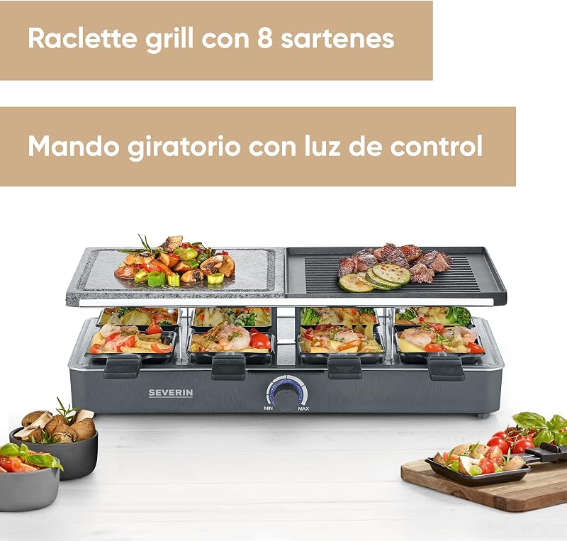 Raclette severin com pedra natural e placa para grelhar, grelha com grelha antiaderente e 8 panelas, grelha elétrica para 8 pessoas, máx. 1400 w, preto, rg 2371