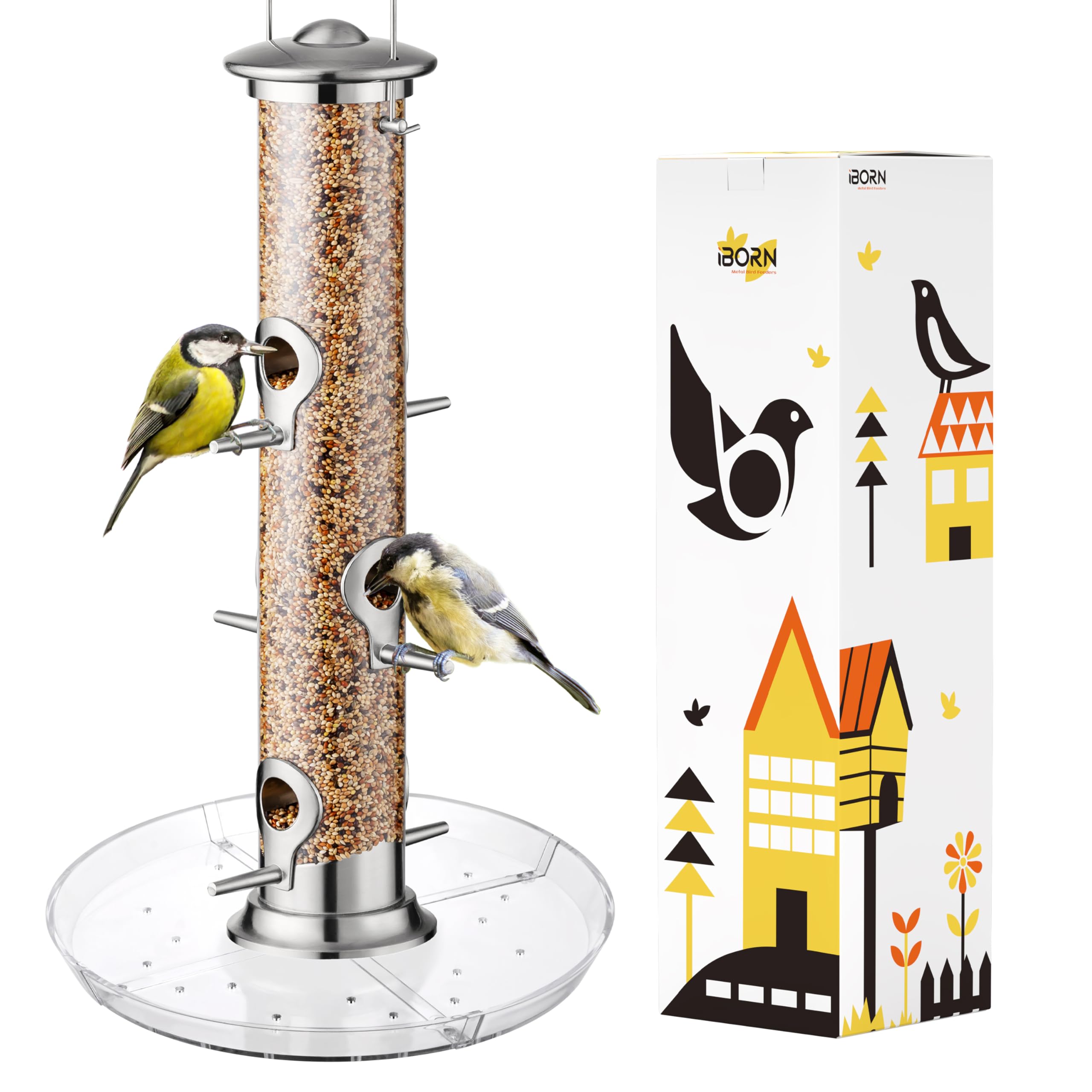 iBorn Bird Feeders Seed Catcher for Outside Hanging 6 Port Bird Feeder for Cardinal Birds Aluminium Metal,Brushed Nickle Finishing 14 Inch 6 Port (Seed is not Included)