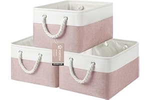 VQRTEXA Storage Baskets, Fabric Storage Bins, Versatile Storage Baskets for Shelves with Handles, Large Closet Organizers for Shelves, Clothing, Toys, Books (3-Pack 15.7x11.8x8.2 inch, White&Pink