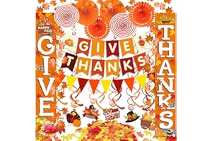Famoby GIVE THANKS Hanging Banner Porch Sign Autumn Pumpkin Maple Leaf Backdrop Flag Banner Paper Fan&Swirls for Thanksgiving Party Decorations