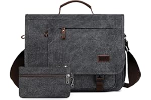 YAMONS Computer Messenger Bag for Man, Vintage Leather Canvas Briefcase Large Satchel Shoulder Bag Rugged Computer 15.6" Laptop Bag(Black)