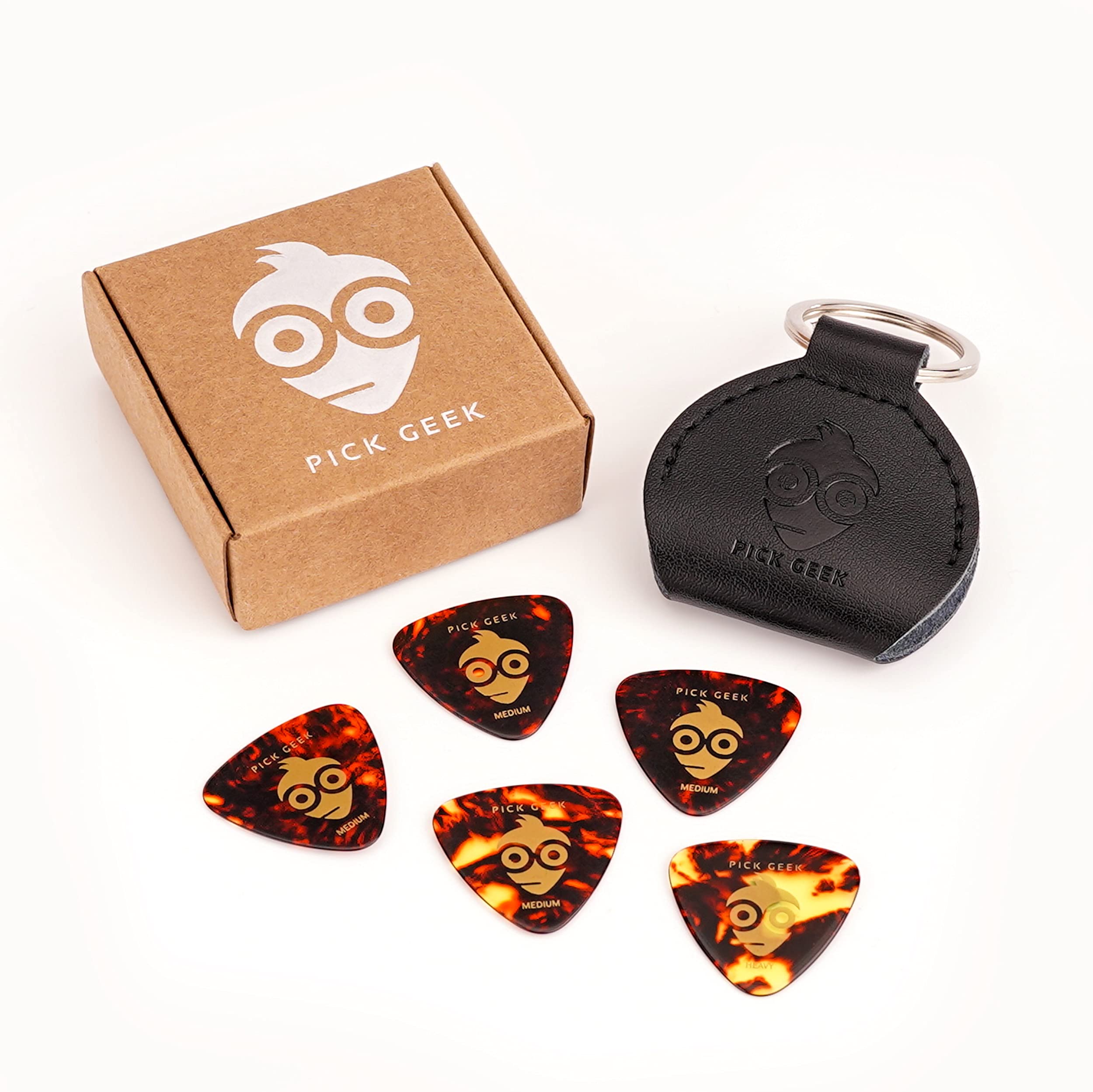 Pick Geek Leather Pick Holder Keyring | 100% Handmade Real Leather | Black | Includes 5 FREE Pick Geek Celluloid Triangle Picks | Shipped in a Kraft Gift Box