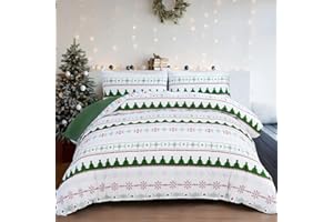 XRUIBED Christmas Duvet Cover Set King Size,3PCs Green Snowflake Pattern Striped Bedding Set,Holiday Decor Soft Microfiber Duvet Cover and 2Pillowcases with Zipper Closure for Kids Teens Adults (90"x104")