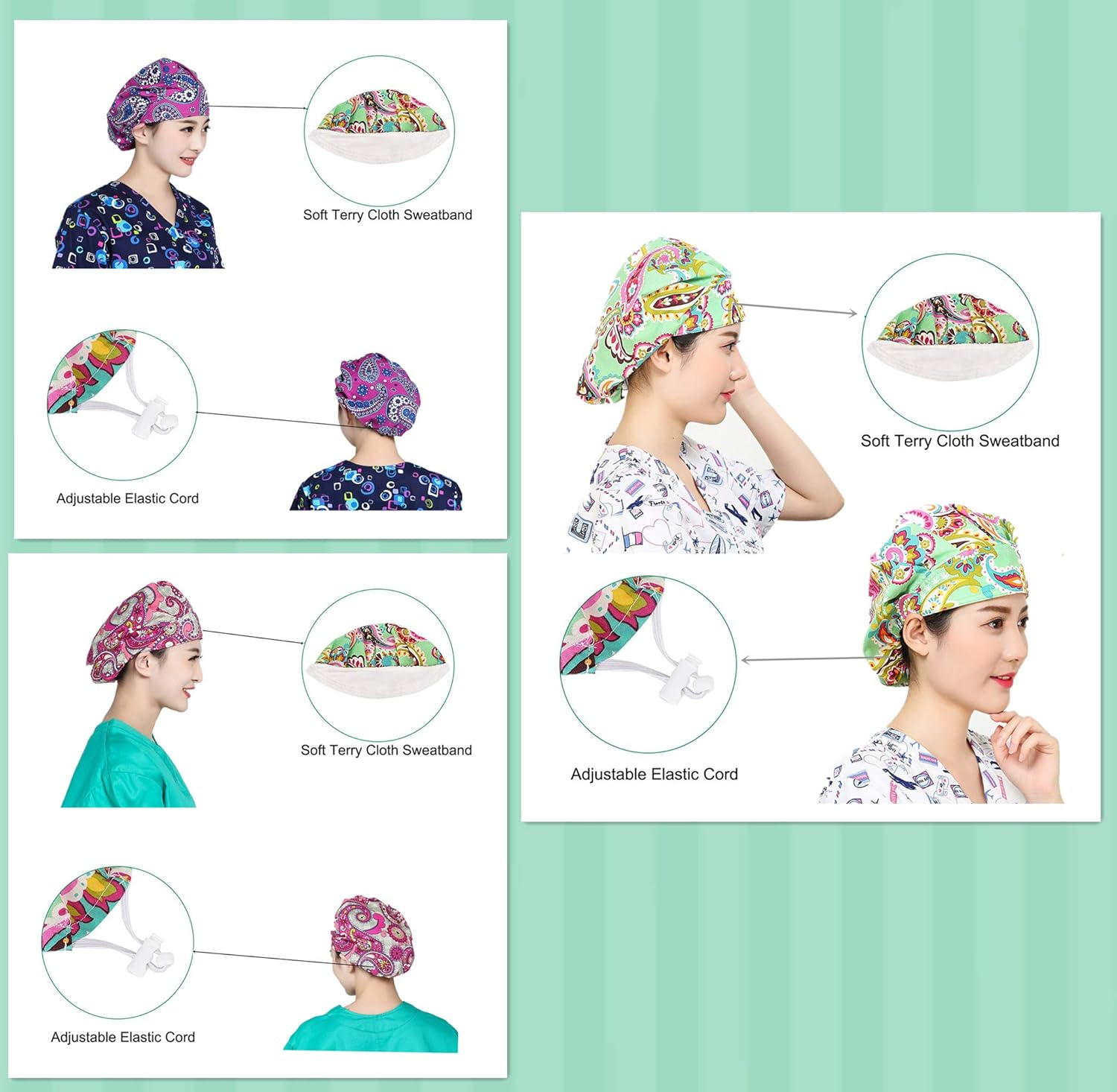 LTifree 3pc Women's Adjustable Bouffant Caps Hats Working Cap Sweatband Value Set Multi Color: Clothing