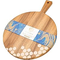 Dofira Round Acacia Wood Charcuterie Cheese Board, Decorative Honeycomb Design, 12in Wooden Cutting Board with Handle, Pizza