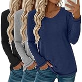 Oakgarden 3 Pack Women's Long Sleeve T Shirts Casual V Neck Tops Loose Fit Basic Tees Soft Fall Tee Shirts