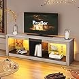 Bestier RGB TV Stand for 65+ Gaming Entertainment Center Gaming LED TV Media Console Table with 2 Glass Shelf PS Gaming TV Cabinet for Living Room,Retro Gray