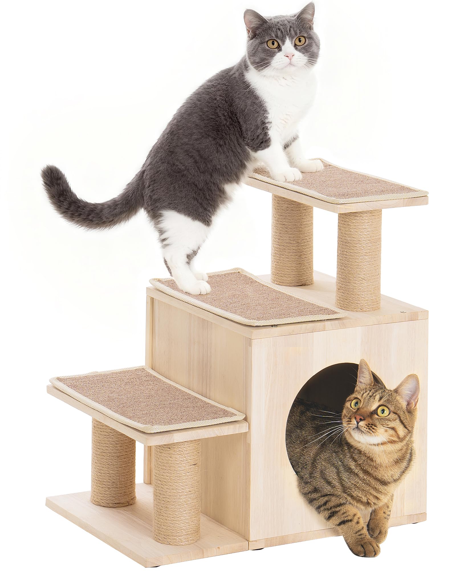 Photo 1 of KinoTail 3-in-1 Pet Stairs for Cats, 6.3" Depth Pet Steps for Cat, Wood Cat Stairs for High Bed and Sofa, 1 Condo Cave, Scratching Post, Sturdy Indoor Pet Stairs with Non-Slip Carpet Pads