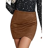 Ezcosplay Women High Waisted Faux Suede Ruched Wrap Mini Skirt Asymmetrical Tulip Hem Bodycon Short Skirts