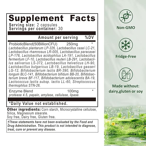 PROBIOTICS FOR WOMEN & MEN – PROBIOTIC 50 BILLION CFU 18 STRAINS & 5 DIGESTIVE ENZYMES FOR GUT HEALTH, IMMUNE – PROBIOTICS CAPSULES SUPPORTS GAS & BLOATING, NATURAL, NON-GMO, GLUTEN FREE, 60CT