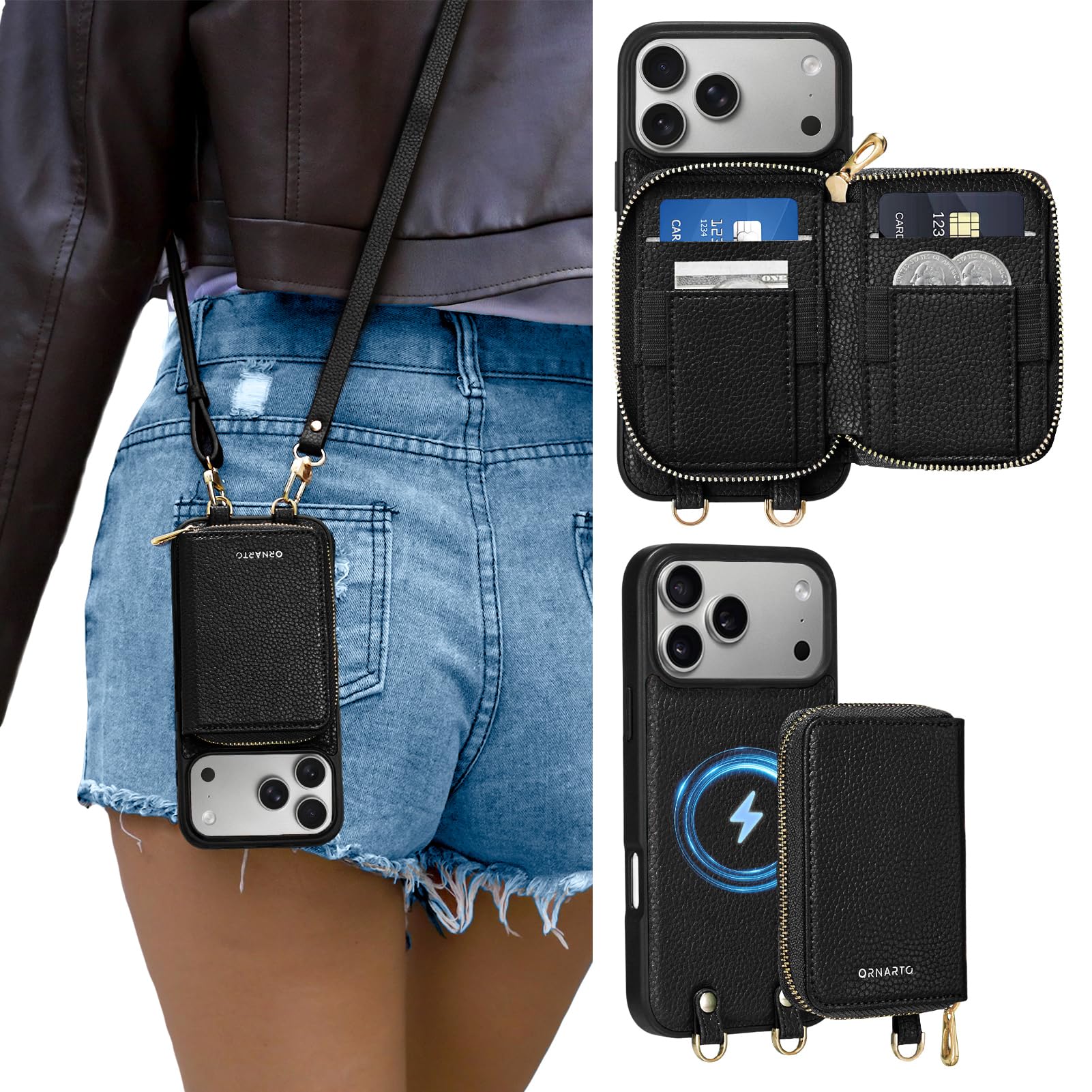 ORNARTO Magnetic Detachable Wallet Case for iPhone 17 Pro Max, [Compatible with MagSafe], Crossbody Wallet Case with Card Holder Wrist Strap, RFID Blocking PU Leather Wallet Phone Cover 6.9", Black