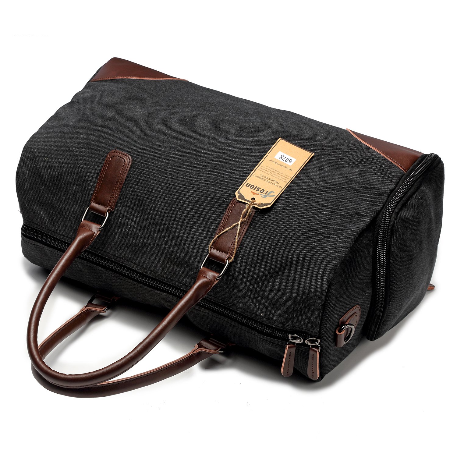 Fresion Canvas Leather Carry on Bag Weekender Overnight Holdall Tote Bag with Metal Buckle for Men with Shoe Pouch(Black)