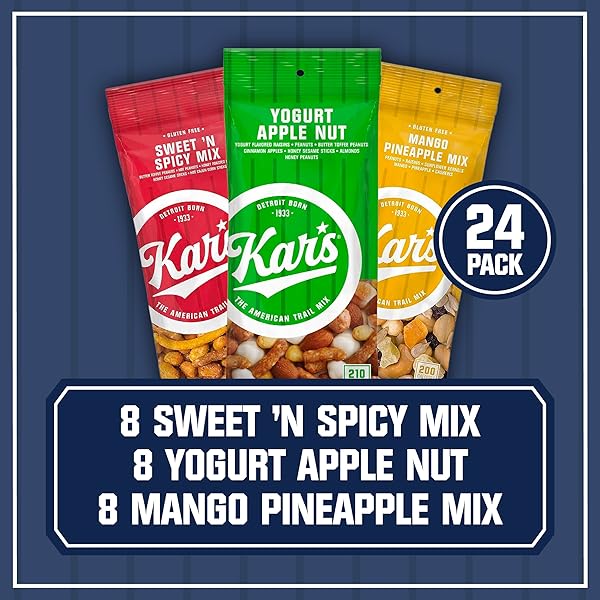 KAR’S NUTS VARIETY PACK TRAIL MIX SNACKS -YOGURT APPLE NUT, MANGO PINEAPPLE MIX, SWEET ‘N SPICY – GRAB & GO BAGS, INDIVIDUAL SNACK PACKS (PACK OF 24), GLUTEN-FREE TRAIL MIX SNACK