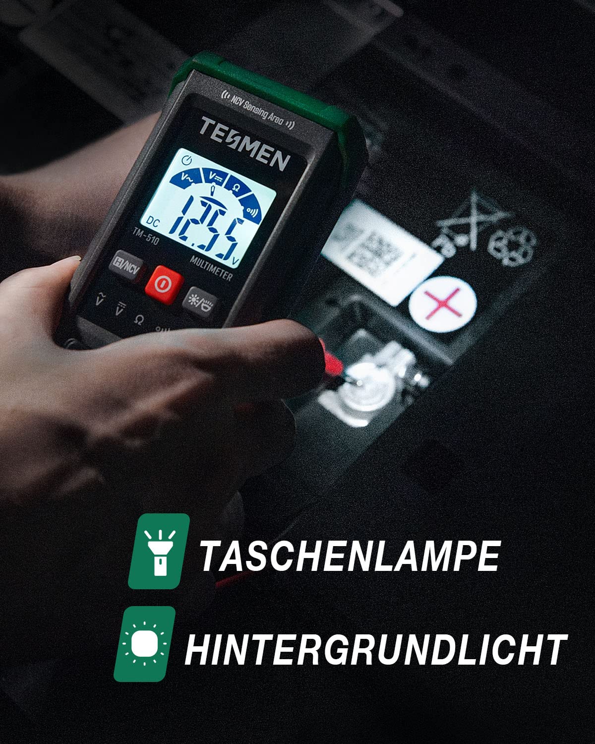 TESMEN TM-510 Digital Multimeter, 4000 Zähler Messgerät, Voltmeter mit Automatischem Messbereich, Intelligente Messung; Spannungsprüfer Misst AC/DC-Spannung, Widerstand, Durchgang – Grün 5