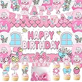 42pcs Cute My Melo Birthday Party Decorations Includes Cake Toppers,Cupcake Toppers, Banner, Backdrop, Balloons - Pink Theme Party Supplies Set for Baby Shower