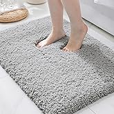ILANGO Grey Bathroom Rugs 32" × 20" Non Slip & Super Absorbent Extra Thick Soft, Washable Bath Mat for Floor, Microfiber Plush Shaggy Bath Rug with Rubber for Bathtub Shower Room Sink