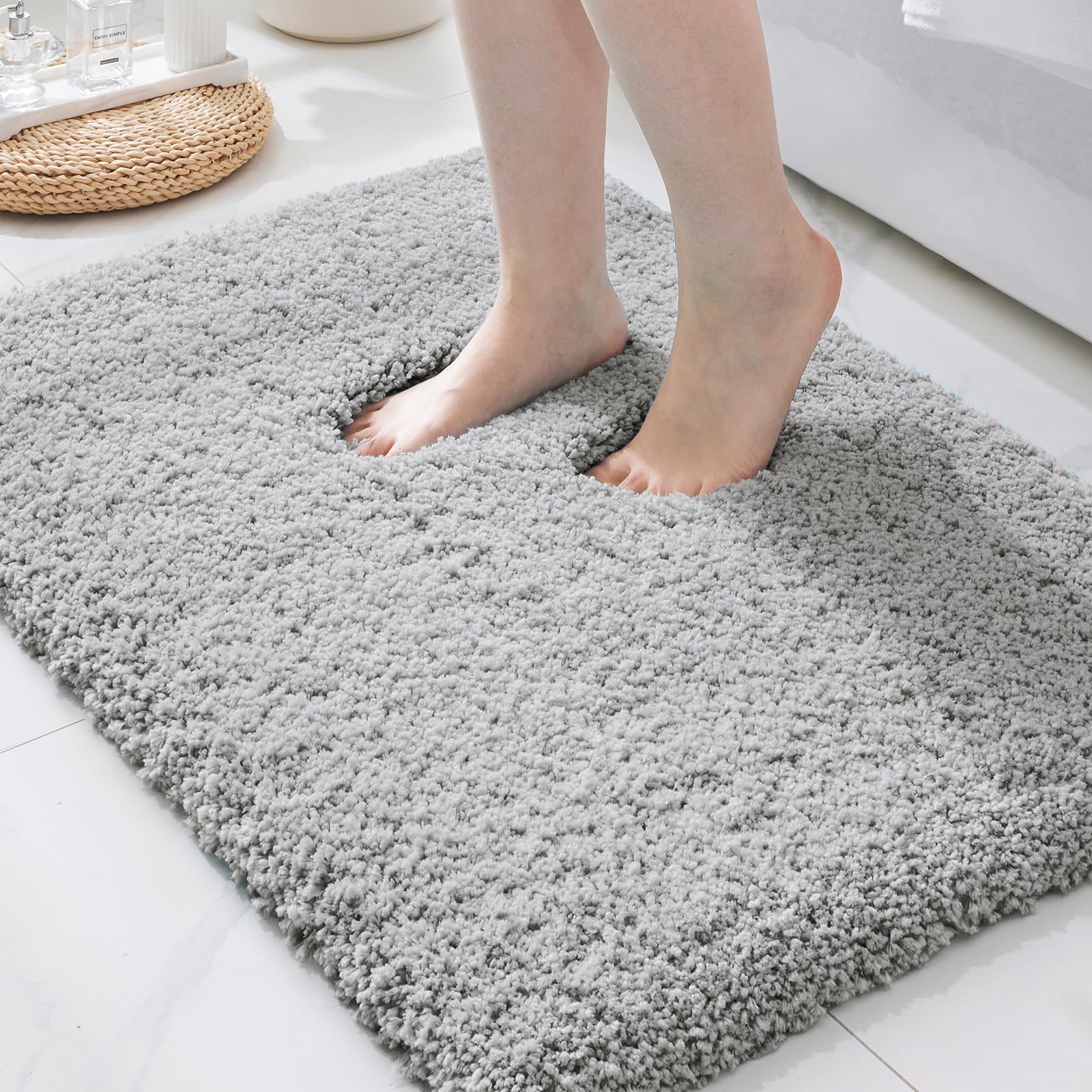 Photo 1 of ILANGO Grey Bathroom Rugs 36" × 24" Non Slip & Super Absorbent Extra Thick Soft, Washable Bath Mat for Floor, Microfiber Plush Shaggy Bath Rug with Rubber for Bathtub Shower Room Sink