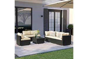 ELEGIBLISS 7 Pieces Patio Furniture Set - Outdoor Sectional Wicker Rattan Furniture with Cushion and Glass Table Patio Conversation Sets for Porch Poolside Backyard Outdoor Sofa Set Modular Sofa